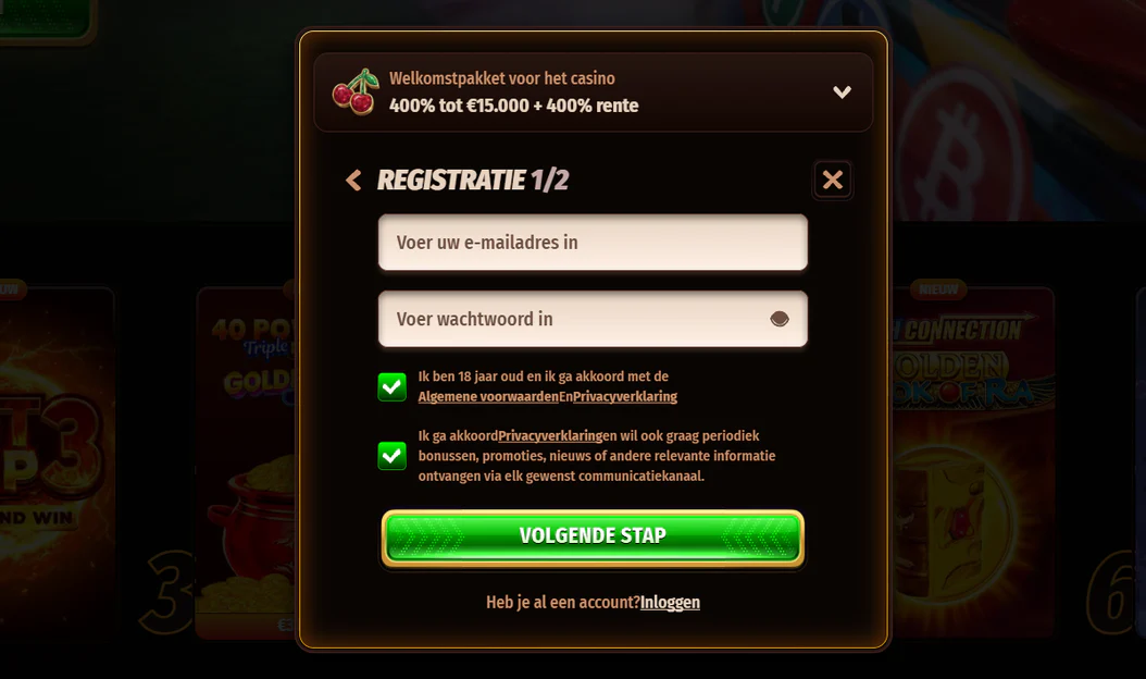 WestAce Casino registratieformulier met een welkomstbonus tot €15.000, e-mail- en wachtwoordvelden en een knop voor de volgende stap